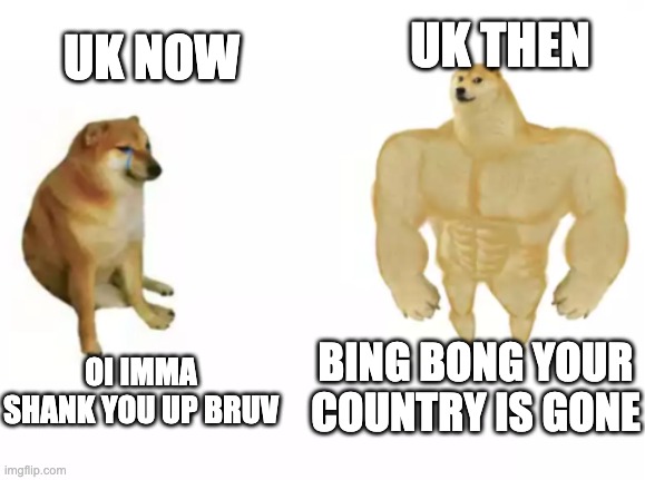 knock knock | UK THEN; UK NOW; BING BONG YOUR COUNTRY IS GONE; OI IMMA SHANK YOU UP BRUV | image tagged in buff doge vs cheems reversed,memes,history,uk,british empire | made w/ Imgflip meme maker