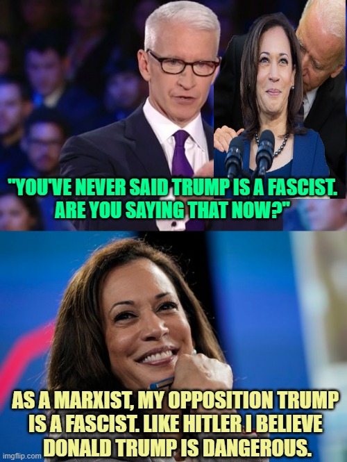 DANGER IS SEXY to an alleged Marxist | "YOU'VE NEVER SAID TRUMP IS A FASCIST.
ARE YOU SAYING THAT NOW?"; AS A MARXIST, MY OPPOSITION TRUMP 
IS A FASCIST. LIKE HITLER I BELIEVE 
DONALD TRUMP IS DANGEROUS. | image tagged in anderson cooper,momala,kamala harris,karl marx,politics,globalism | made w/ Imgflip meme maker