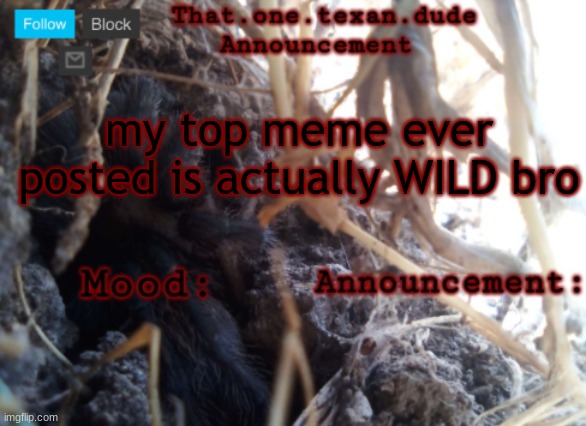 THE that.one.texan.dude announcement template | my top meme ever posted is actually WILD bro | image tagged in the that one texan dude announcement template | made w/ Imgflip meme maker
