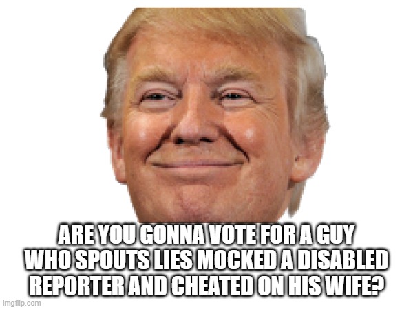 ARE YOU GONNA VOTE FOR A GUY WHO SPOUTS LIES MOCKED A DISABLED REPORTER AND CHEATED ON HIS WIFE? | made w/ Imgflip meme maker