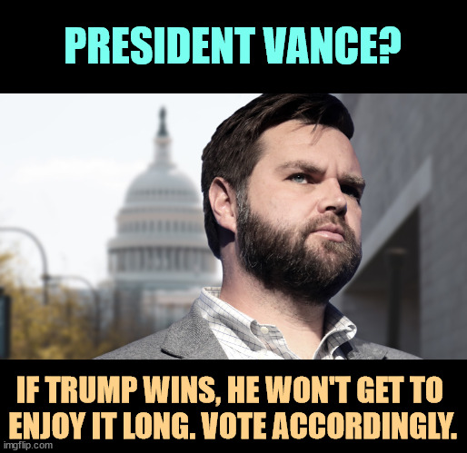 25th Amendment. What have you got to lose? | PRESIDENT VANCE? IF TRUMP WINS, HE WON'T GET TO 
ENJOY IT LONG. VOTE ACCORDINGLY. | image tagged in trump,old,senile,confused,dementia,25th amendment | made w/ Imgflip meme maker