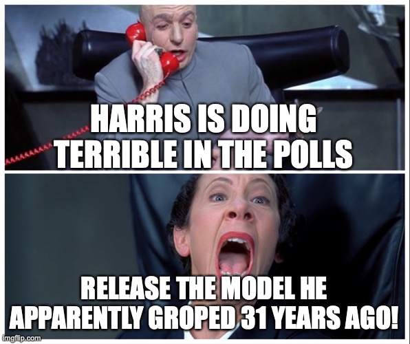 Model Groper | HARRIS IS DOING TERRIBLE IN THE POLLS; RELEASE THE MODEL HE APPARENTLY GROPED 31 YEARS AGO! | image tagged in dr evil and frau yelling | made w/ Imgflip meme maker