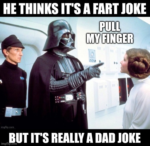 Trying this one again with a slight change | HE THINKS IT'S A FART JOKE; BUT IT'S REALLY A DAD JOKE | image tagged in star wars,darth vader,princess leia,fart jokes,dad jokes | made w/ Imgflip meme maker