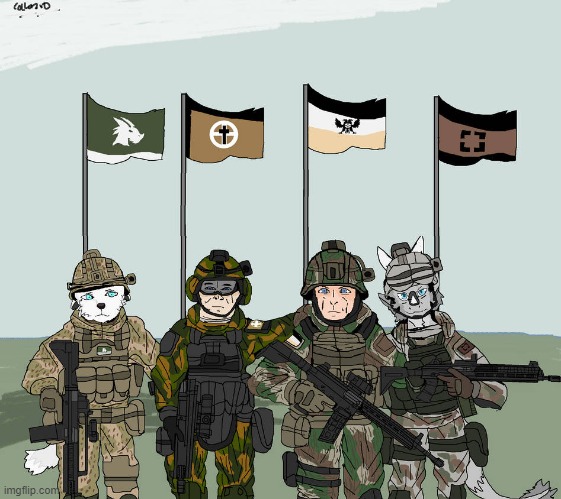 United, we Stand Strong. (Art credit: Collazio) | image tagged in pro-fandom,soldiers,furry and normie memes,pew | made w/ Imgflip meme maker