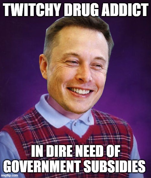 "I'm going to jail if Kamala wins" Why Boo? | TWITCHY DRUG ADDICT; IN DIRE NEED OF GOVERNMENT SUBSIDIES | image tagged in bad luck elon musk,trump,fraud,criminal | made w/ Imgflip meme maker