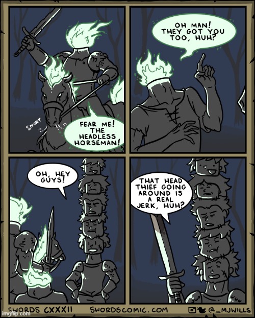 image tagged in swords,headless horseman,heads,thief,tower,oof | made w/ Imgflip meme maker