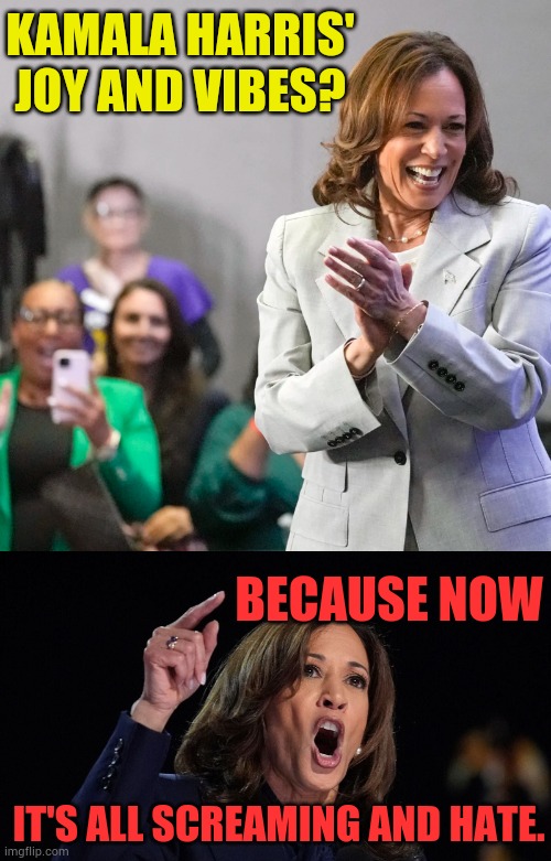 What Happened To... | KAMALA HARRIS' JOY AND VIBES? BECAUSE NOW; IT'S ALL SCREAMING AND HATE. | image tagged in memes,politics,kamala harris,joy,screaming,hate | made w/ Imgflip meme maker