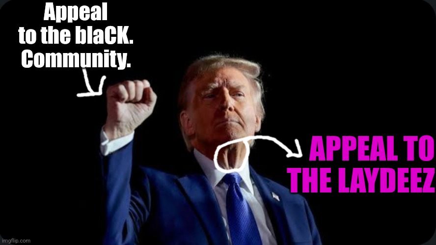 Lol donald says "Black" with a hard ER *facepalms in black* | Appeal to the blaCK. Community. APPEAL TO THE LAYDEEZ | image tagged in funny,maga | made w/ Imgflip meme maker