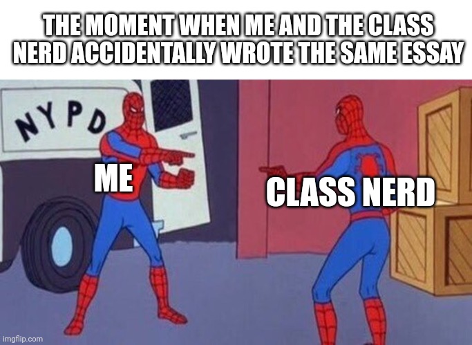 Perfect Coincidence | THE MOMENT WHEN ME AND THE CLASS NERD ACCIDENTALLY WROTE THE SAME ESSAY; CLASS NERD; ME | image tagged in spiderman pointing at spiderman | made w/ Imgflip meme maker