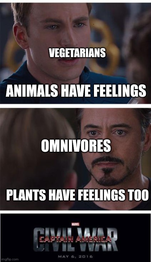 meat isn't murder | VEGETARIANS; ANIMALS HAVE FEELINGS; OMNIVORES; PLANTS HAVE FEELINGS TOO | image tagged in memes,marvel civil war 1,vegetarians,carnivores | made w/ Imgflip meme maker