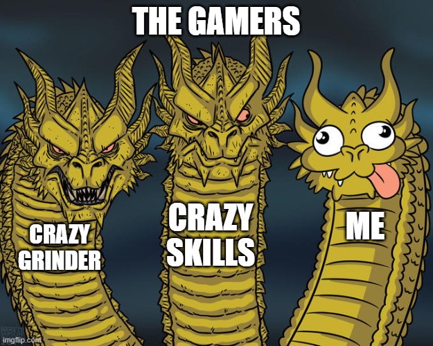 Three-headed Dragon | THE GAMERS; CRAZY SKILLS; ME; CRAZY GRINDER | image tagged in three-headed dragon | made w/ Imgflip meme maker