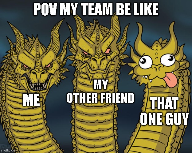 true | POV MY TEAM BE LIKE; MY OTHER FRIEND; ME; THAT ONE GUY | image tagged in three-headed dragon | made w/ Imgflip meme maker