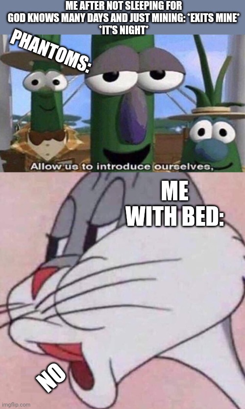 ME AFTER NOT SLEEPING FOR GOD KNOWS MANY DAYS AND JUST MINING: *EXITS MINE*
*IT'S NIGHT*; PHANTOMS:; ME WITH BED:; NO | image tagged in veggietales 'allow us to introduce ourselfs',bugs bunny empty no template,phantom,night,bed,mining | made w/ Imgflip meme maker