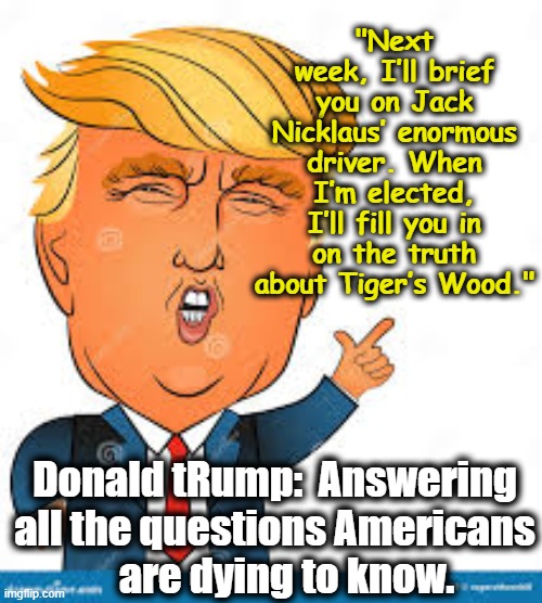 Trump- Expert on Golfers' Anatomy | "Next week, I’ll brief you on Jack Nicklaus’ enormous driver. When I’m elected, I’ll fill you in on the truth about Tiger’s Wood."; Donald tRump:  Answering all the questions Americans      are dying to know. | image tagged in donald trump,trump meme,maga,presidential alert,nevertrump meme,deplorable donald | made w/ Imgflip meme maker