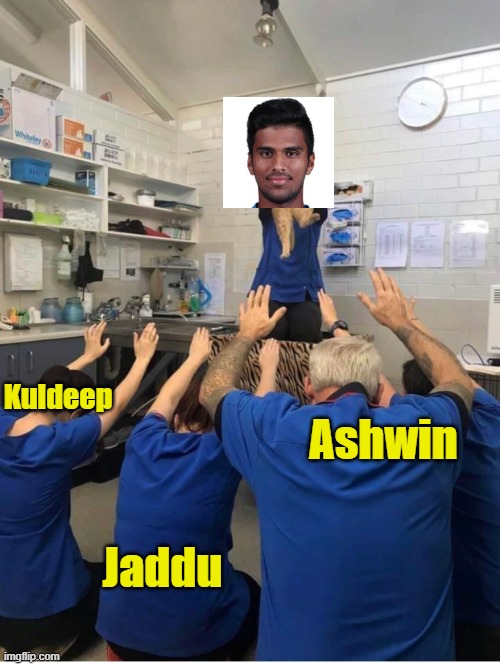 Washington Sundar | Kuldeep; Ashwin; Jaddu | image tagged in cricket | made w/ Imgflip meme maker