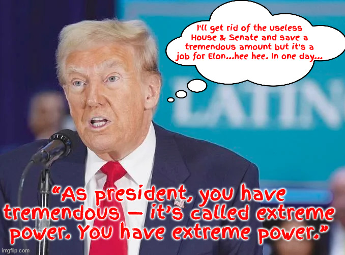 Dictator for a day | I'll get rid of the useless House & Senate and save a tremendous amount but it's a job for Elon...hee hee. In one day... “As president, you have tremendous — it’s called extreme power. You have extreme power.” | image tagged in dictator for a day,elon's 1st job,mass execution,dictator don,gop suicide,trump's traitors | made w/ Imgflip meme maker