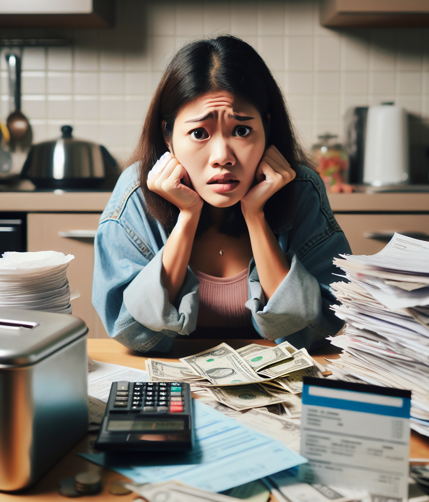 concerned young woman sits at kitchen table with bills, receipts Blank Meme Template