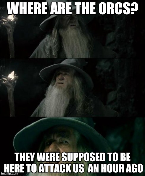 Confused Gandalf | WHERE ARE THE ORCS? THEY WERE SUPPOSED TO BE HERE TO ATTACK US  AN HOUR AGO | image tagged in memes,confused gandalf | made w/ Imgflip meme maker
