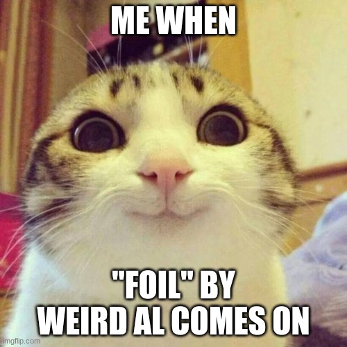 Smiling Cat | ME WHEN; "FOIL" BY WEIRD AL COMES ON | image tagged in memes,smiling cat | made w/ Imgflip meme maker