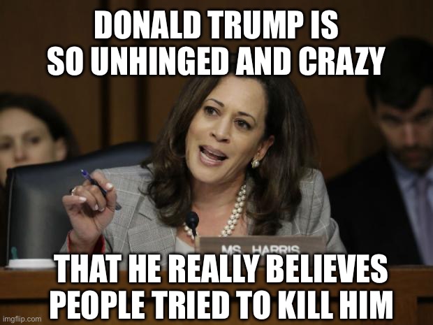 Kamala Harris | DONALD TRUMP IS SO UNHINGED AND CRAZY; THAT HE REALLY BELIEVES PEOPLE TRIED TO KILL HIM | image tagged in kamala harris | made w/ Imgflip meme maker