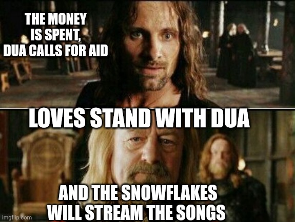 Brain freeze, syntax error | THE MONEY IS SPENT, DUA CALLS FOR AID; LOVES STAND WITH DUA; AND THE SNOWFLAKES WILL STREAM THE SONGS | image tagged in gondor calls for aid | made w/ Imgflip meme maker