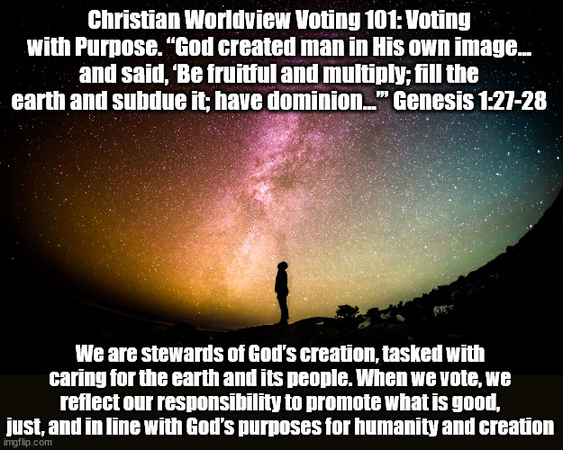 Vote with Purpose | Christian Worldview Voting 101: Voting with Purpose. “God created man in His own image… and said, ‘Be fruitful and multiply; fill the earth and subdue it; have dominion…’” Genesis 1:27-28; We are stewards of God’s creation, tasked with caring for the earth and its people. When we vote, we reflect our responsibility to promote what is good, just, and in line with God’s purposes for humanity and creation | image tagged in creation,god religion universe,voting | made w/ Imgflip meme maker