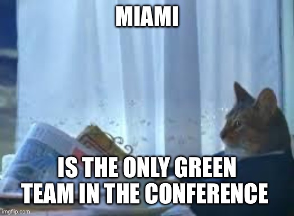 morning realisation cat | MIAMI; IS THE ONLY GREEN TEAM IN THE CONFERENCE | image tagged in morning realisation cat | made w/ Imgflip meme maker