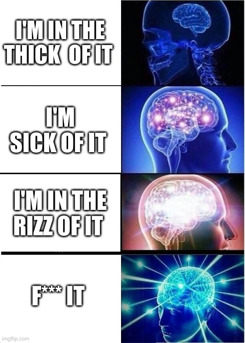 Expanding Brain Meme | I'M IN THE THICK  OF IT; I'M SICK OF IT; I'M IN THE RIZZ OF IT; F*** IT | image tagged in memes,real,ksi | made w/ Imgflip meme maker