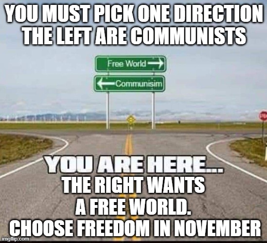 You Must Pick Qne Arrow | YOU MUST PICK ONE DIRECTION
THE LEFT ARE COMMUNISTS; THE RIGHT WANTS A FREE WORLD.
 CHOOSE FREEDOM IN NOVEMBER | image tagged in you must pick qne arrow | made w/ Imgflip meme maker