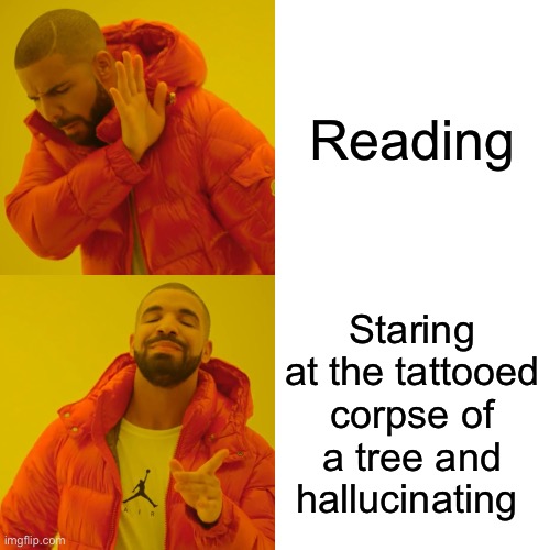 Reading can be… weird… | Reading; Staring at the tattooed corpse of a tree and hallucinating | image tagged in memes,drake hotline bling | made w/ Imgflip meme maker