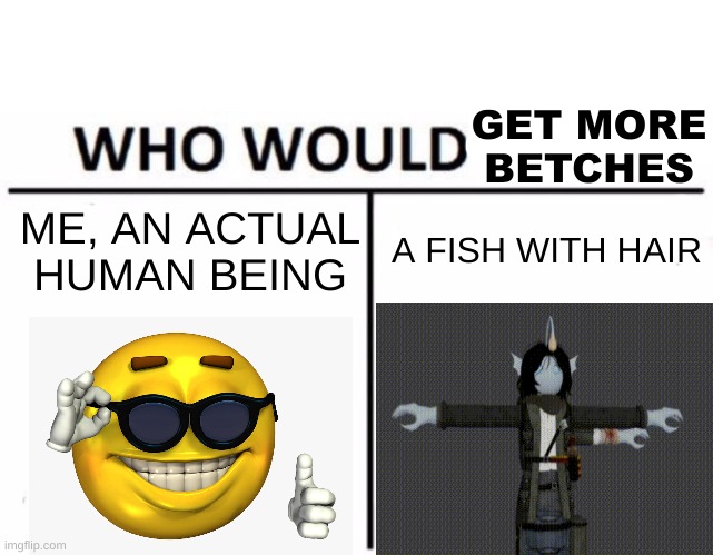 not putting an actual picture of me lol | GET MORE BETCHES; A FISH WITH HAIR; ME, AN ACTUAL HUMAN BEING | image tagged in memes,who would win | made w/ Imgflip meme maker