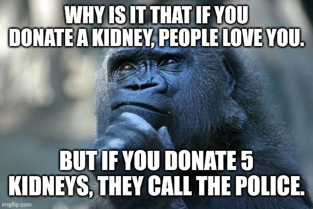 5 kidneys | WHY IS IT THAT IF YOU DONATE A KIDNEY, PEOPLE LOVE YOU. BUT IF YOU DONATE 5 KIDNEYS, THEY CALL THE POLICE. | image tagged in deep thoughts,memes,dark humour,dark humor,dark | made w/ Imgflip meme maker