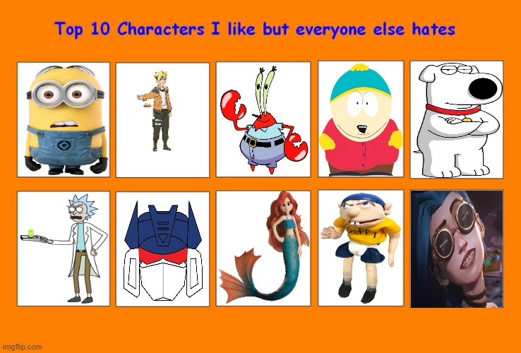 top 10 characters i like but everyone else hates | image tagged in top 10 characters i like but everyone else hates,top 10,i like,cartoons,haters gonna hate,media | made w/ Imgflip meme maker