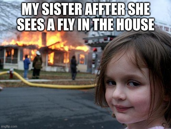 Disaster Girl | MY SISTER AFFTER SHE SEES A FLY IN THE HOUSE | image tagged in memes,disaster girl | made w/ Imgflip meme maker
