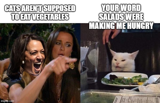 Woman Yelling At Cat Meme | CATS AREN'T SUPPOSED TO EAT VEGETABLES; YOUR WORD SALADS WERE MAKING ME HUNGRY | image tagged in memes,woman yelling at cat | made w/ Imgflip meme maker