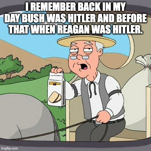 Pepperidge Farm Remembers | I REMEMBER BACK IN MY DAY BUSH WAS HITLER AND BEFORE THAT WHEN REAGAN WAS HITLER. | image tagged in memes,pepperidge farm remembers | made w/ Imgflip meme maker