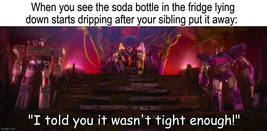 Stupid bottle cap | When you see the soda bottle in the fridge lying down starts dripping after your sibling put it away:; "I told you it wasn't tight enough!" | image tagged in memes,funny,transformers,relatable,drinks | made w/ Imgflip meme maker