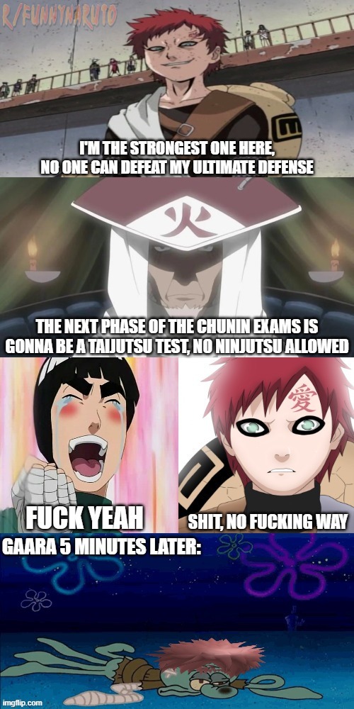 Gaara didn't see that coming | image tagged in naruto,gaara,rock lee,hiruzen,chunin exams | made w/ Imgflip meme maker