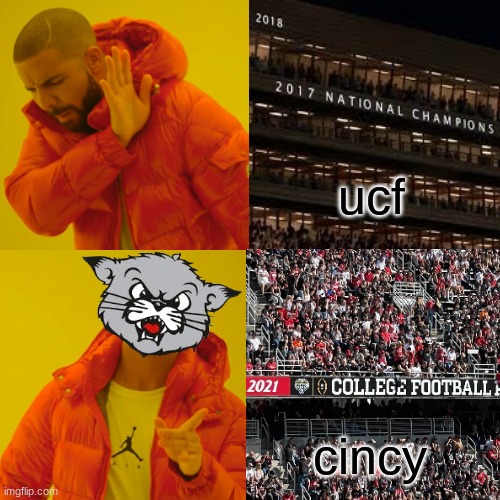 Cincinnati Bear Cats meme | ucf; cincy | image tagged in memes,drake hotline bling,funny memes,college football,football | made w/ Imgflip meme maker