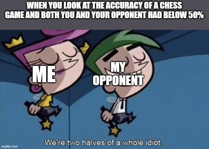 Not even a whole idiot... | WHEN YOU LOOK AT THE ACCURACY OF A CHESS GAME AND BOTH YOU AND YOUR OPPONENT HAD BELOW 50%; ME; MY OPPONENT | image tagged in we're two halves of a whole idiot,memes,funny,chess | made w/ Imgflip meme maker