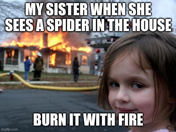 Disaster Girl | MY SISTER WHEN SHE SEES A SPIDER IN THE HOUSE; BURN IT WITH FIRE | image tagged in memes,disaster girl | made w/ Imgflip meme maker