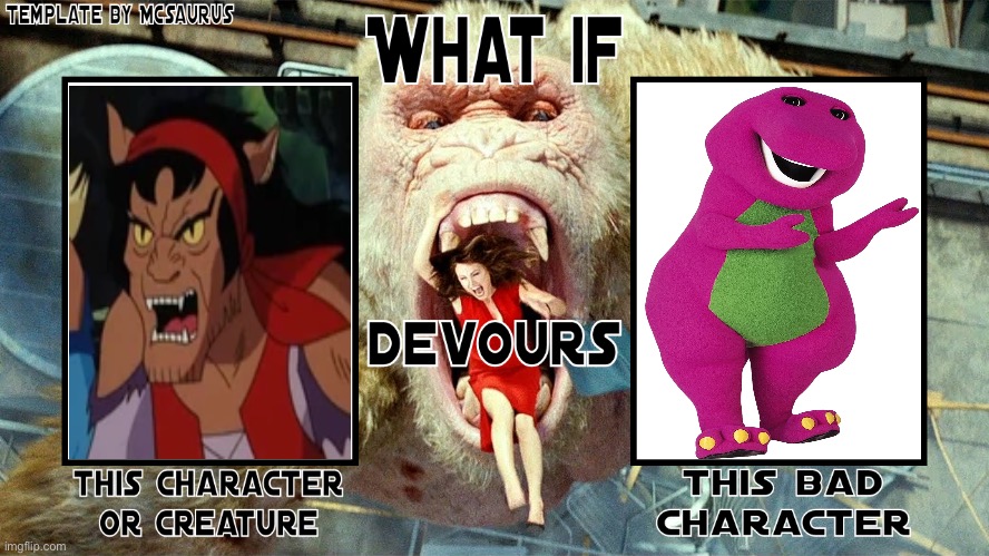 What if Lena (werecat) devours Barney? | image tagged in what if this character devours this character,barney the dinosaur,scooby doo | made w/ Imgflip meme maker