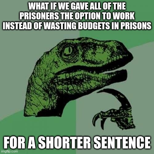 big brain time | WHAT IF WE GAVE ALL OF THE PRISONERS THE OPTION TO WORK INSTEAD OF WASTING BUDGETS IN PRISONS; FOR A SHORTER SENTENCE | image tagged in memes,philosoraptor | made w/ Imgflip meme maker