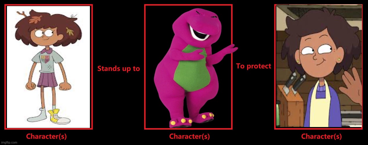 What if Anne stands up to Barney to protect Mrs. Boonchuy? | image tagged in what if this char stands up to this char to protect char,amphibia,barney the dinosaur | made w/ Imgflip meme maker