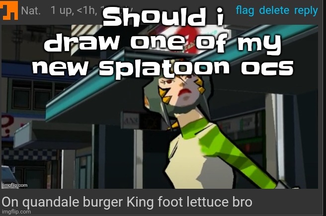 The | Should i draw one of my new splatoon ocs | image tagged in on quandale burger king foot lettuce bro | made w/ Imgflip meme maker