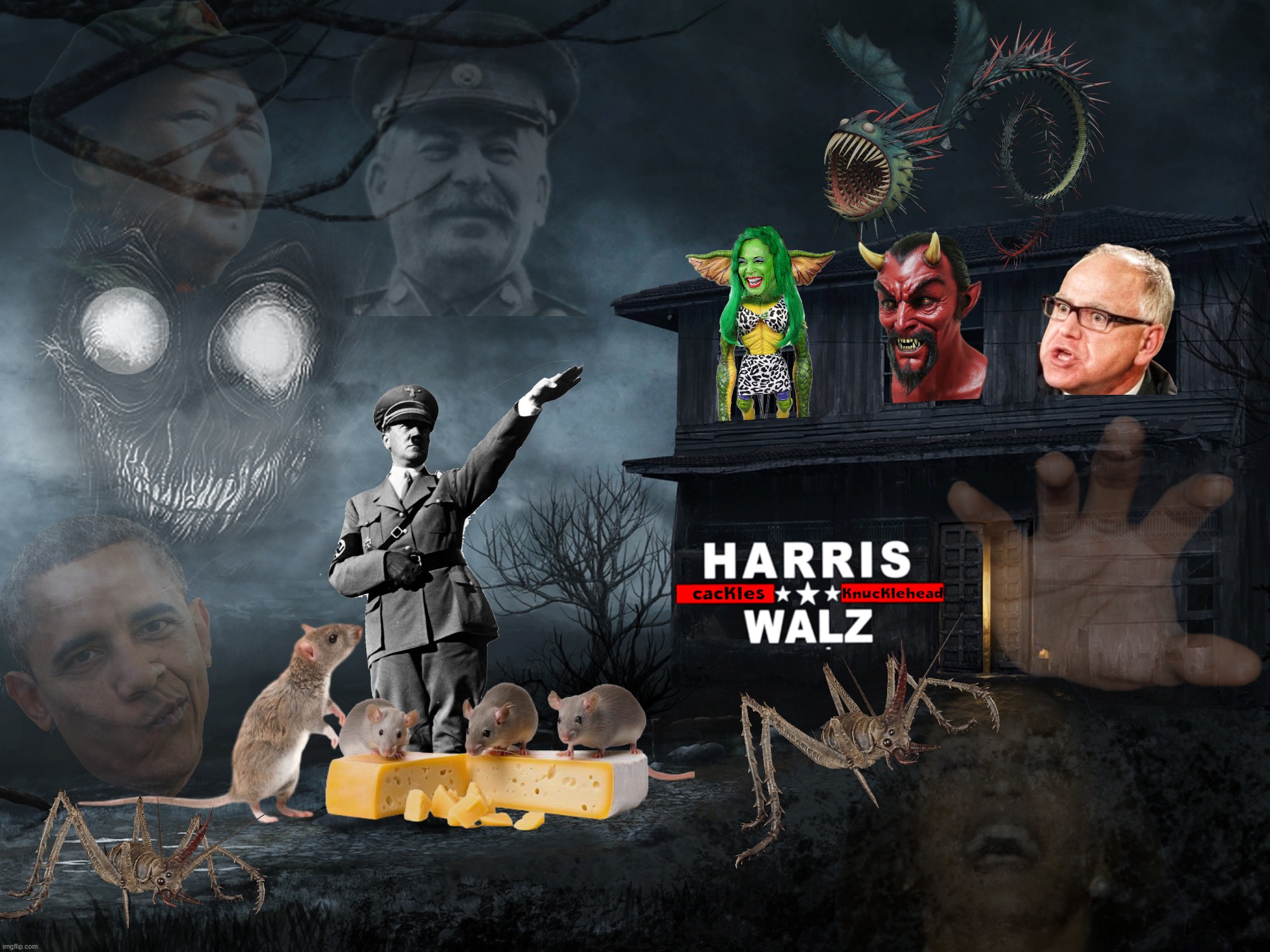 SPOOKY DOOKIE | image tagged in kamala harris,walz,genocide,devil,scary,spooky | made w/ Imgflip meme maker