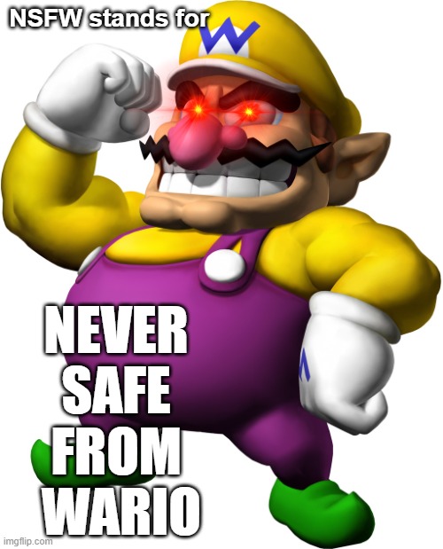 Wario | NSFW stands for; NEVER 
SAFE 
FROM 
WARIO | image tagged in wario | made w/ Imgflip meme maker