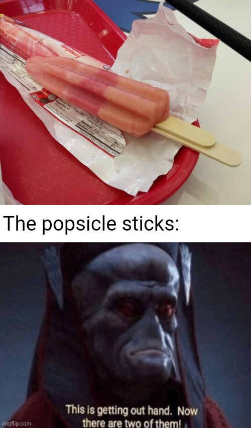 2 popsicle sticks | The popsicle sticks: | image tagged in this is getting out of hand,popsicle,sticks,stick,memes,popsicles | made w/ Imgflip meme maker