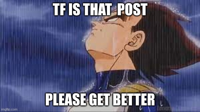 sad vegeta | TF IS THAT  POST; PLEASE GET BETTER | image tagged in sad vegeta | made w/ Imgflip meme maker