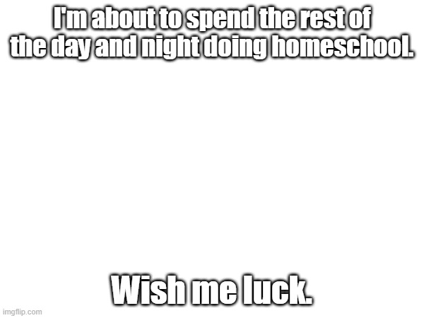 I might burn myself out. (I don't know if I used that correctly, to be honest.) | I'm about to spend the rest of the day and night doing homeschool. Wish me luck. | image tagged in school time,wish me luck,see you later | made w/ Imgflip meme maker